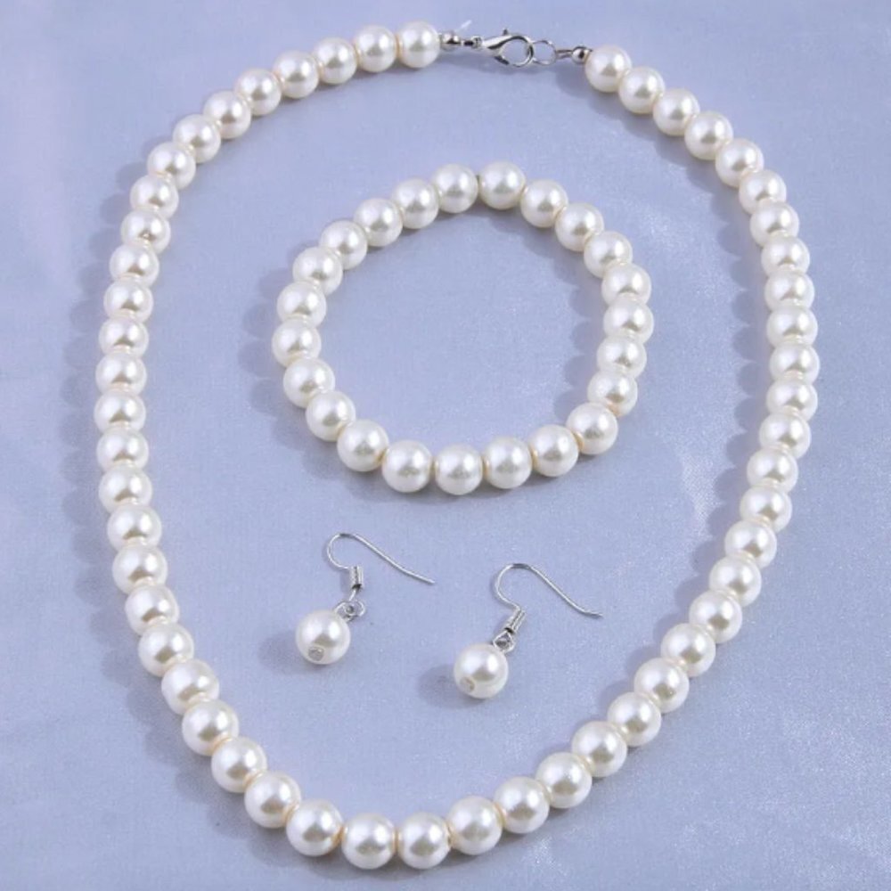Bracelet Pearl Necklace Earrings Ivory Set Faux 18 Jewelry Freshwater Pearls Set